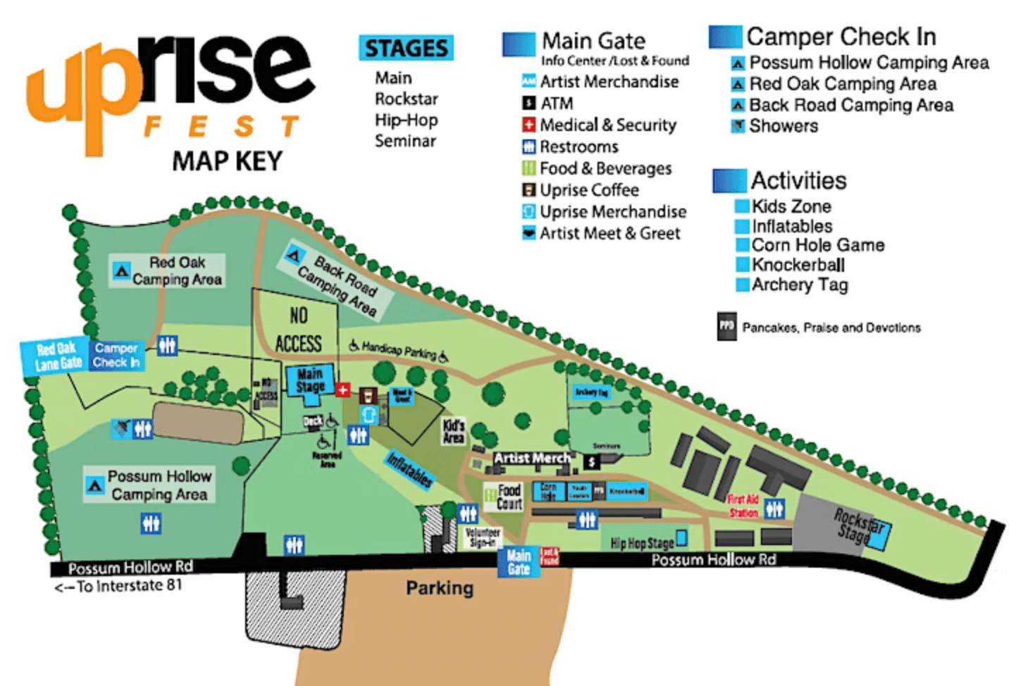 Map of the fairgrounds showing the stages, gates, food court, camping sections and parking